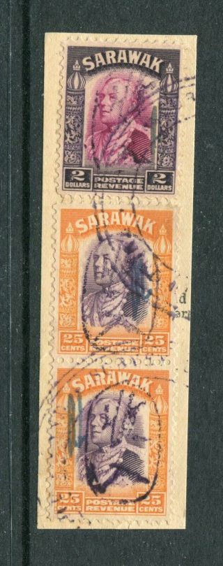 1942 Malaya Sarawak Japanese Occupation 2 X 25c,  $2 Revenue Stamps On Piece