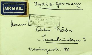 India 1932 First Airmail Madras - Karachi (pakistan) Cover W/ 4v Bombay To Germany