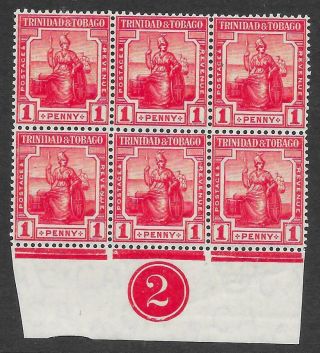 Trinidad & Tobago 1913 - 23 1d.  Red Sg 150 Block Of Six With Plate Number