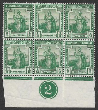 Trinidad & Tobago 1913 - 23 ½d.  Green Sg 149 Block Of Six With Plate Number