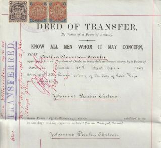 1903 Rhodesia Deed Of Transfer With £1 & 4/ - Arms Revenues.