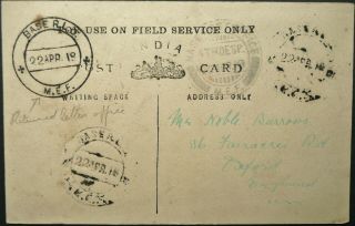 India 22 Apr 1918 Field Service Postal Card From " Base R.  L.  O - M.  E.  F " To England