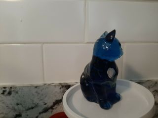 Fenton Glass Cobalt Blue Cat Figurine With Painted Flowers