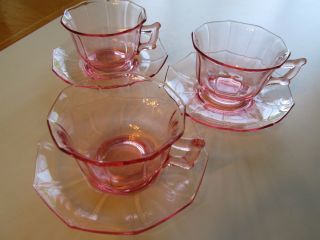 Cambridge Glass Pink Decagon Cup And Saucers