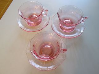 Cambridge glass Pink Decagon Cup And Saucers 2