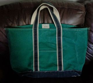 Vintage Ll Bean Boat & Tote Canvas Bag Rare Color Green With Navy Blue Large
