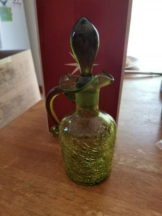 Vintage Hand Blown Blenko Green Crackle Glass Vinegrette With Glass Stopper