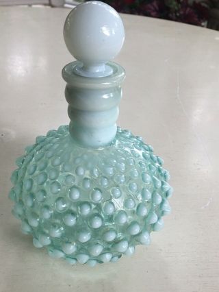 Vintage Fenton Glass Aqua Blue Opalescent Hobnail Perfume Bottle With Stopper