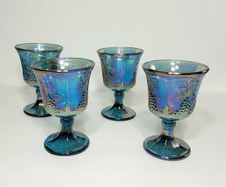 Set Of 4 Vintage Indiana Harvest Grape Carnival Glass Goblets Iridescent Blue