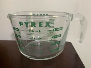 Pyrex Glass Green 4 Cup - 1 Quart 1 Litre Measuring Cup Open Handle Us Vintage