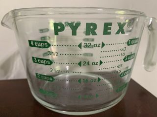 Pyrex Glass GREEN 4 Cup - 1 Quart 1 Litre Measuring Cup Open Handle US Vintage 2