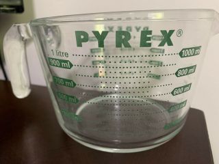 Pyrex Glass GREEN 4 Cup - 1 Quart 1 Litre Measuring Cup Open Handle US Vintage 3