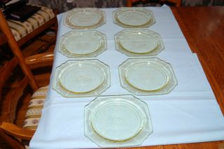 Set Of 7 Yellow Topaz Depression Glass Princess Dinner 9 1/2 " Plates