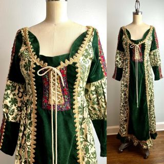 Gunne Sax Green Velvet And Cotton Late 1960s Early 1970s Black Label Dress Xs