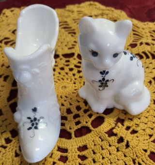 Fenton Art Milk Glass Handpainted Shoe And Cat Set - White
