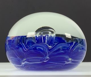 Vintage Joe St Clair Paperweight Ribbon Art Glass Blue White Swirl Signed