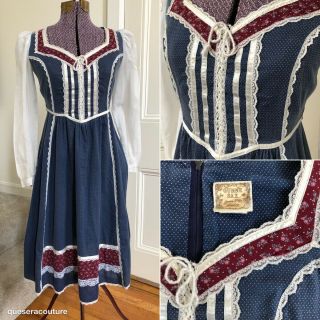 1970s Vintage Gunne Sax Peasant Cottagecore Prairie Calico Midi Corset Dress Lrg