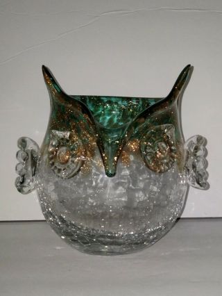 Vtg Murano Art Glass Green And Gold Fleck Owl Vase