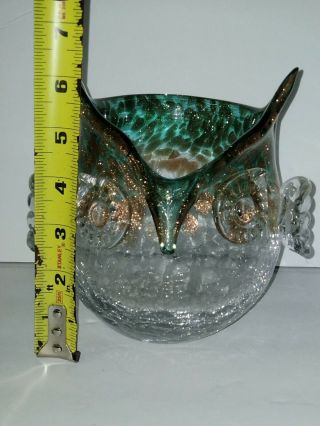 Vtg Murano art glass Green And Gold Fleck Owl Vase 2