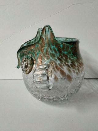 Vtg Murano art glass Green And Gold Fleck Owl Vase 3
