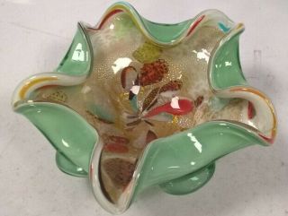 Vintage 7.  5 " Murano Style Ash Tray Ornament Green Multi Colour Glass 100
