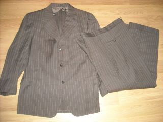 Vtg 40 50s Mens 42 Wool Brown Pinstripe Three Button Suit Coat Jacket Cuff Pants