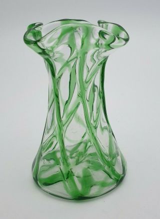 Antique Stuart & Sons Art Nouveau Green Trailed Glass Vase C.  1900 