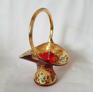 Venetian Italian Ruby Red Gilded And Enamel Flower Decorated Glass Basket