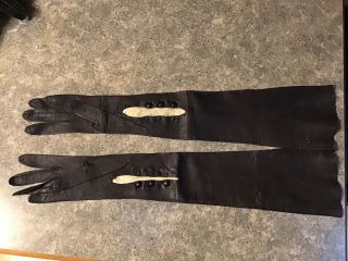 Elegant Size 7 1/4 21 Inch Vintage Long Black Soft Leather Opera Gloves Snaps
