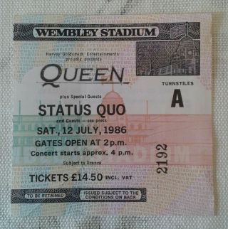Queen Supported By Status Quo - Concert Ticket Stub Wembley Stadium 12 July1986