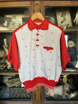 Vintage 1950’s Bicycle Shirt Rockabilly Embroidered Novelty Two - Tone