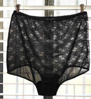 Vintage Granny Mushroom Gusset Sheer Nylon Black Lace & Pillow Tab Panties Sz 10