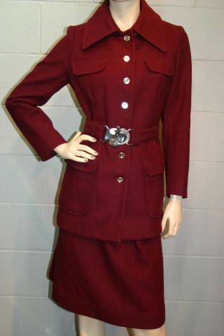 S M 2pc Vtg 60s 70s Dress Suit Wine Wool A - Line Skirt Belted Jacket Coat Outfit