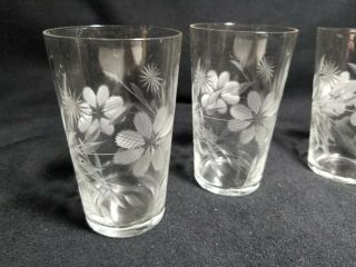 Vintage Set Of 4 Juice Glasses Clear Glass With Etched Flowers And Leaves 3 3/4 "