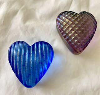 (2) Robert Held Art Glass Iridescent Heart Paperweights Purple & Blue Signed