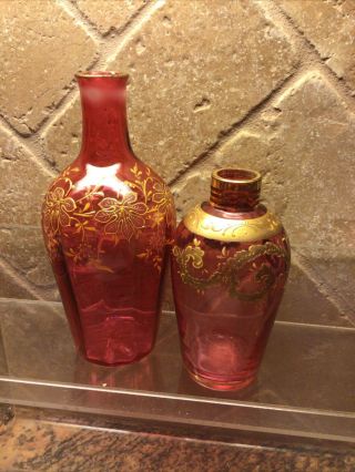2 Antique Cranberry Glass Gold Trim Vases