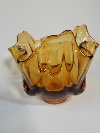 Vintage Mcm Viking Glass Amber Drape Vase Handkerchief Bowl