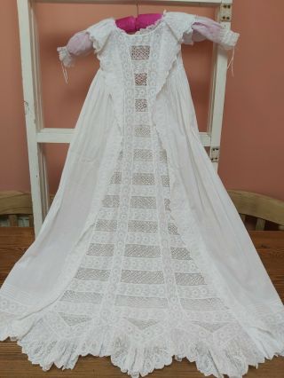 Antique Christening Gown Pure White Cotton Embroidery Victorian Baby Dress Doll