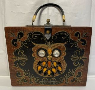 Vintage 1963 Enid Collins Of Texas Night Owl Wood Box Bag Jeweled Purse