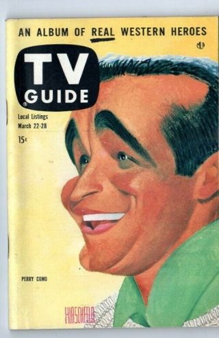 Tv Guide 3/22/1958 Perry Como Hirschfeld Drawing Western Heroes Chicago Ed.