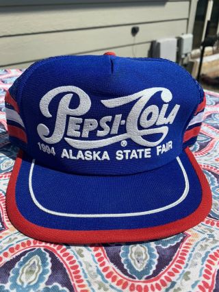 Rare Vintage Pepsi - Cola Mesh Three 3 Stripe Hat Cap Trucker 1994 Alaska State Fa