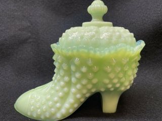 Jadeite Green Milk Vaseline Art Glass Hobnail Covered Shoe Slipper Candy Uranium