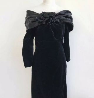 Vintage Black Velvet Long Sleeve Dress Satin Floral Off Shoulder Holiday Dress