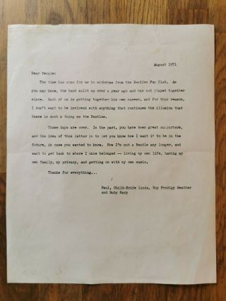 Beatles Fan Club Letter August 1971 Paul Mccartney Leaving The Beatles
