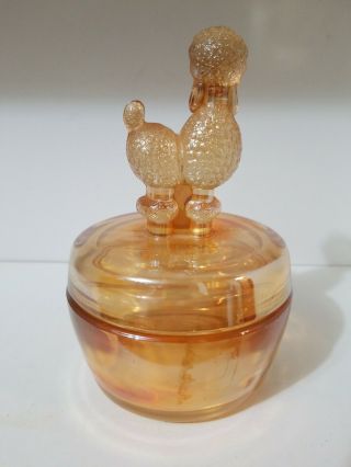 Jeannette Marigold Carnival Glass Poodle Powder Jar Trinket Box 4 