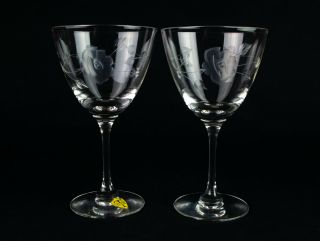 Tiffin Rose Goblets 2 Pc Set,  Vintage Elegant Cut Wine Glass Taper Stem 17680