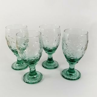 4 Libbey Orchard Fruit Green Water Goblets Glasses 7 " Embossed