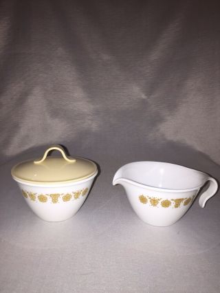 Vtg Pyrex Corning Corelle Butterfly Gold Sugar And Creamer Set With Lid Usa