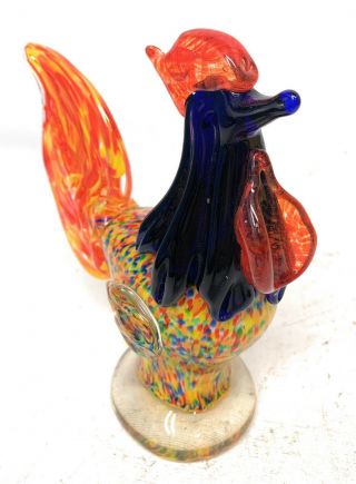 Vintage Hand Blown Murano Style Glass Rooster 9 " Tall Blue With Red Comb Exc Con