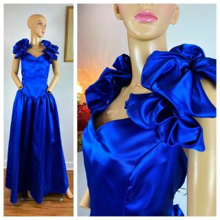 Vintage 80s Party Prom Blue Shiny Satin Bows Shoulders Glam Dress L Xl
